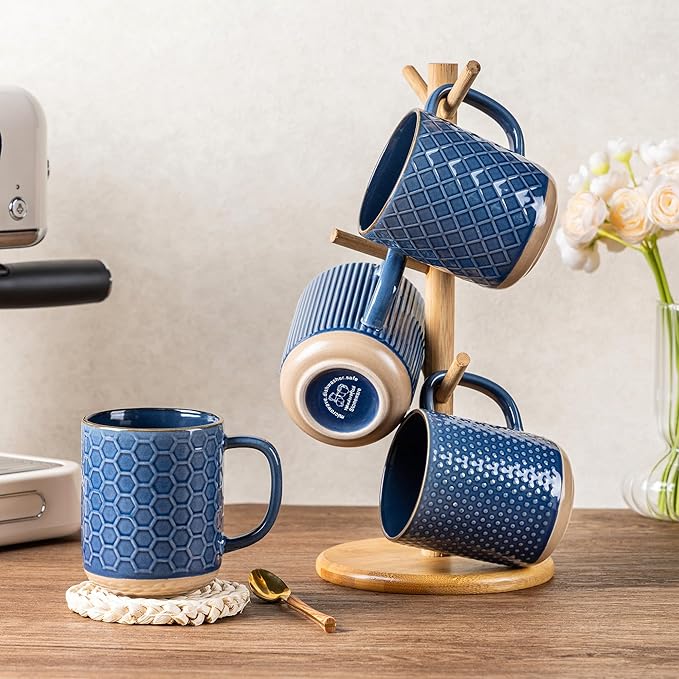 GBhome Large Coffee Mugs Set of 4, 16oz Handmade Stoneware Coffee Mugs Set with Large Handle for Cappuccino/Latte/Tea/Hot Cocoa, Dishwasher & Microwave Safe, Moonlight Blue