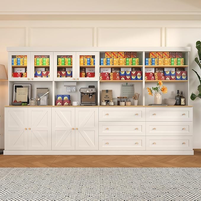 71" Tall Farmhouse Kitchen Pantry, Large Storage Cabinet with Glass Doors and Drawers, Freestanding Coffee Bar Hutch with Microwave Stand, Adjustable Shelves for Kitchen, Living Room, White 4 Pcs
