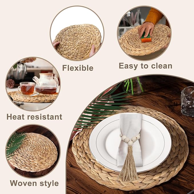 Hardcometrue Woven Placemats Set of 8, 13.8" Natural Corn Husk Round Rattan Placemats with Wooden Beads Napkin Rings for Kitchen Dining Table Decor