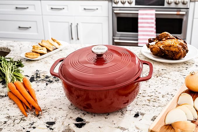Lodge 6 Quart Enameled Cast Iron Dutch Oven with Lid ??Dual Handles ??Oven Safe up to 500째 F or on Stovetop - Use to Marinate, Cook, Bake, Refrigerate and Serve ??Cranberry