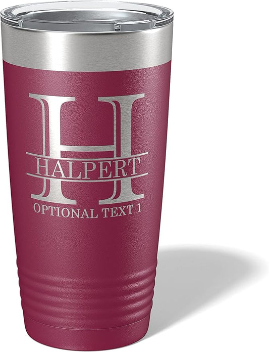 Personalized 20oz (17 Colors) Powder Coated Insulated Stainless Steel Tumbler with Lid, Custom Etched, Customized Engraved Gift Idea for Women Men Her Him, Halpert Monogram Initial Name (Maroon)