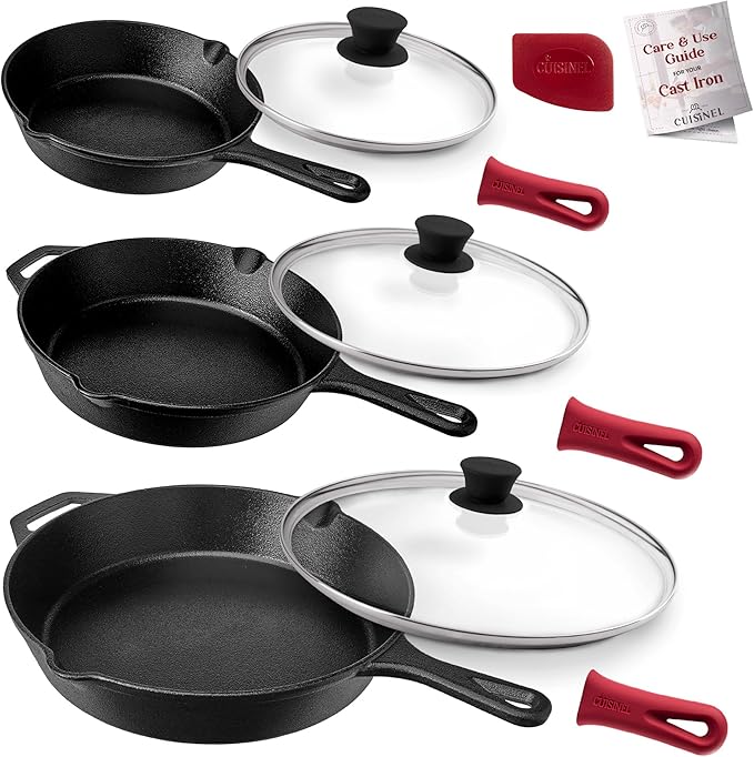 Cuisinel 8"+10"+12"-Inch Cast Iron Skillets Set with Glass Lids + Silicone Handle Holder Covers + Pan Scraper - Pre-Seasoned Oven Cookware - Use Indoor/Outdoor, Grill, Stovetop, Camping Fire, Oven