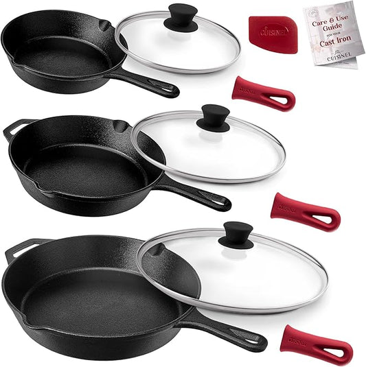 Cuisinel 8"+10"+12"-Inch Cast Iron Skillets Set with Glass Lids + Silicone Handle Holder Covers + Pan Scraper - Pre-Seasoned Oven Cookware - Use Indoor/Outdoor, Grill, Stovetop, Camping Fire, Oven