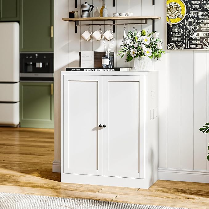 Metal Pantry Cabinet with 2 Adjustable Shelves, Small Kitchen Cupboard Storage Cabinet for Dining Room Living Room Bathroom Office(White)