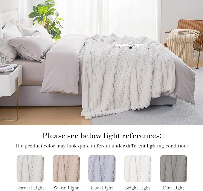 Am챕lie Home Faux Fur Throw Blanket for Couch, Cozy Fuzzy Fluffy Fur Luxurious Soft Striped Plush Gift Blankets for Family Sofa Chair Bedroom, 55"x70", Ivory