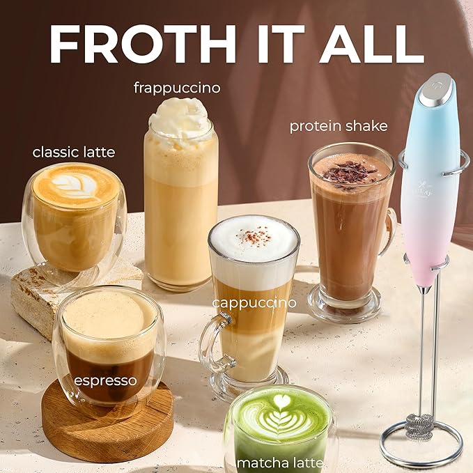 Zulay Kitchen Patented Tornado Triple Whisk Milk Frother with 4 Duracell Batteries ??Handheld Foam Maker for Coffee, Lattes, Matcha & Hot Chocolate ??Rich, Creamy Froth in Seconds