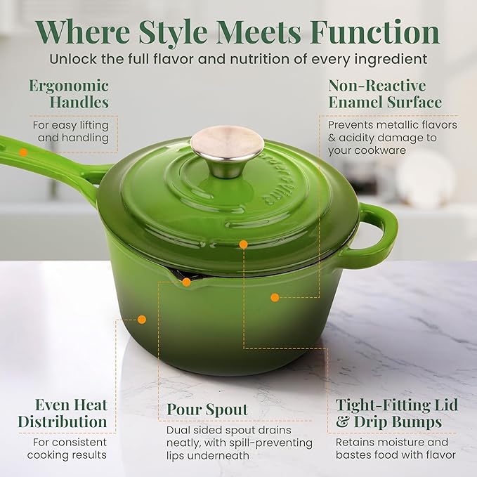 Larder & Vine Enameled Cast Iron Saucepan | 2.2 qt Sauce Pan with Lid | Saucepan with Pour Spouts | Enameled Cast Iron Pot Compatible on All Cooktops & Oven Safe to 500째 F | Okra