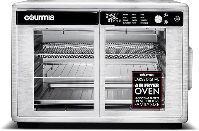 Gourmia French Door Air Fryer Oven - 37 Qt Large Capacity Convection Toaster Oven, FryForce 360°, Digital Display, 12 Cooking Presets, Dehydrate, Fits 13??Pizza, Dishwasher-Safe, Stainless Steel