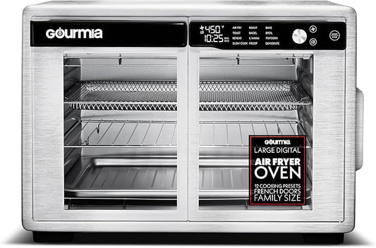 Gourmia French Door Air Fryer Oven - 37 Qt Large Capacity Convection Toaster Oven, FryForce 360°, Digital Display, 12 Cooking Presets, Dehydrate, Fits 13??Pizza, Dishwasher-Safe, Stainless Steel