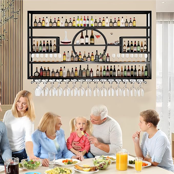 71in Modern Wine Rack Wall Mounted, Metal Wall Bar Shelves for Liquor Bottles with Glass Holder, Multifunctional Wood Bar Shelves Wall Mounted for Home Bar, Dining Room & Kitchen, Black