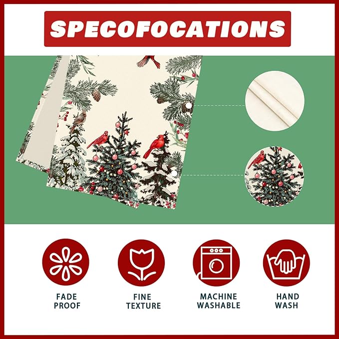 XCHI Cardinal Birds Winter Pine Tree Christmas Xmas Table Runner Table Decoration for Home Kitchen Dining Holiday Decor 13x72 Inch