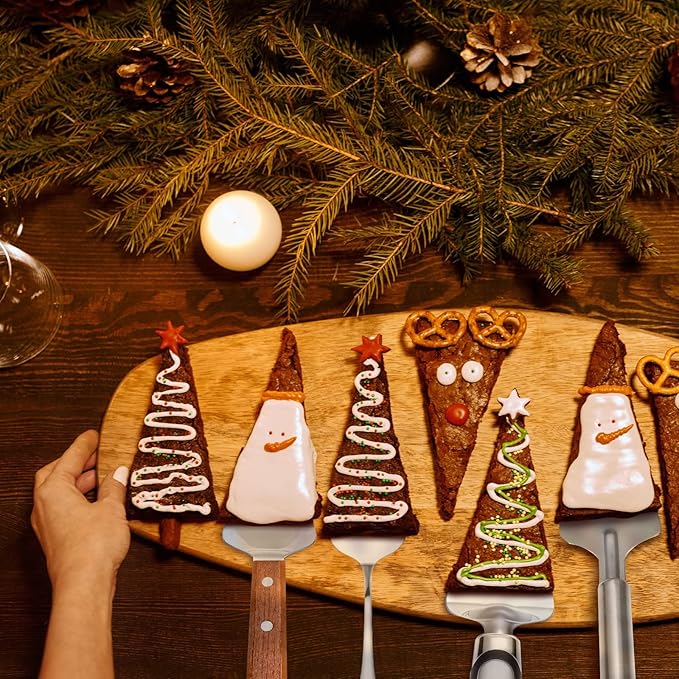 4 Pieces Pie Server Set Stainless Steel Pie Spatula Metal Cutter Serrated Cake Server Wood Handle Pizza Slicer Flatware Cake and Pastry Servers for Kitchen Cutting Serving Desserts