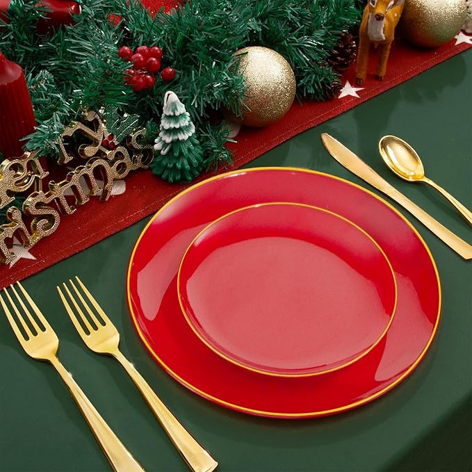 WDF 150Pcs Red Plastic Plates - Red Plates Disposable - 25Guest Christmas Dinnerware Include 25 Dinner Plate, 25 Dessert Plate, 75 Cutlery & 25 9oz Cups for Parties Valentine's Day