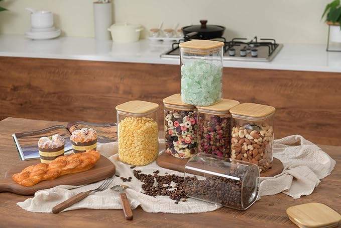 37oz Airtight Glass Square Storage Canisters with Bamboo Lid Set of 6 (1100ml) Stackable Containers, Kitchen Jars for Pantry Noodles, Flour and Coffee beans (?럚ith Black Lable)