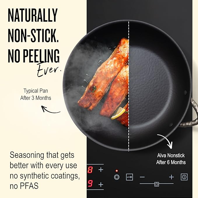 Alva Artist 11??Carbon Steel Frying Pan ??Naturally Nonstick, Chemical-Free (No PTFE, PFOA, PFAS), Induction-Ready & Oven-Safe, Built for Lifetime Durability, Pro-Level Heat Control, Belgian Design