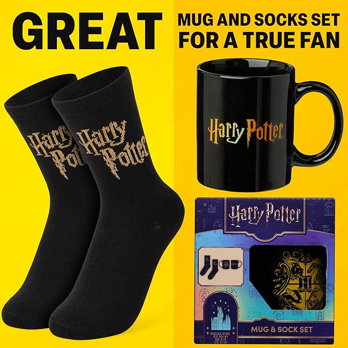 Get Trend Harry Potter Coffee Mug and Socks Set, 11.5 oz Ceramic Cup with Crew Socks, Cute Drinkware Christmas, Secret Santa Gifts for Women (Black Harry Potter)