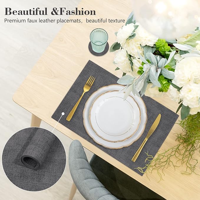 JUCCWARM Faux Leather Placemats Set of 6,Heat Resistant Placemats for Dining Table, Easy Clean Non-Slip Place Mats, Waterproof Stain Resistant Wipeable Washable PU Table Mats, (Dark Grey)