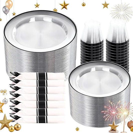 SUT 350 Pcs Black and Clear Plastic Dinnerware Set for 50 Guests, Include: 50 Dinner Plates, 50 Dessert Plates, 50 Pre Rolled Napkins With Silverware, 50 Cups, Disposable Plates for Party