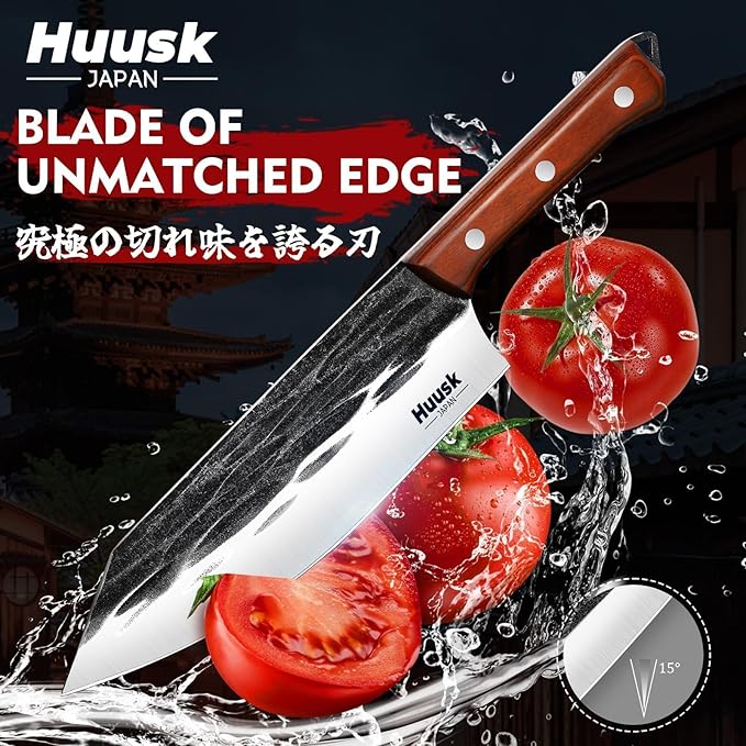 Huusk Butcher Knife Set, 4 PCS Hand Forged BBQ Knife Set for Meat Cutting, Sharp Meat Carving Breaking Knives with Ergonomic Handle, Christmas Gifts for Men Women