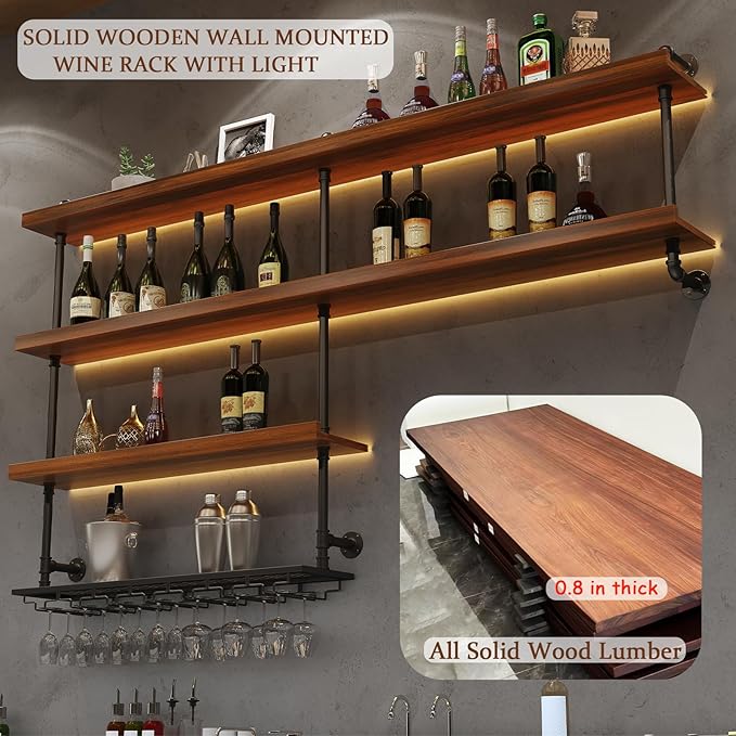 51.1in Large Wine Rack with LED Light, 4 Tiers Solid Wood Wall Mounted Wine Rack, Industrial Liquor Bottles Floating Shelves with Glass Holder for Home Bar/Dining Room (51.1in/130cm)