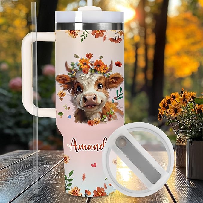 AGGLOMEKC Personalized Cute Cow Cup - Mother's Day Birthday Gift For Animal Lovers - Just A Girl Who Loves Cow Tumbler 40oz With Custom Name - Pet Lover Gifts For Women, Her