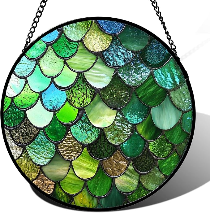 Stained Glass Window Hanging Green Abstract Texture 9.8" - Marine Suncatcher Door Garden Sun Catcher Home Decor Birthday Christmas for Mom Men Woman Wife Friend