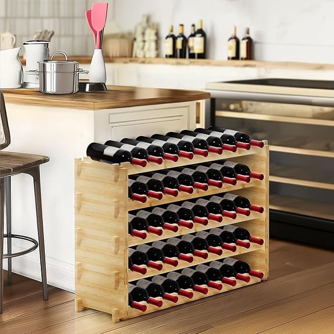 Finnhomy Wine Rack 45-Bottle 5-Tier Natural Bamboo Display Wine Storage Shelves Stackable Wine Bottle Holder