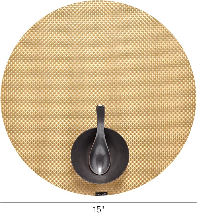 Chilewich Basketweave Placemats in Gilded - Set of 4 - Easy Care Woven Tabletop Textiles - Indoor/Outdoor - 15" Round