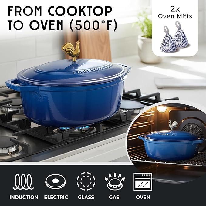 MUELLER HOME 5.5 Quart Enameled Cast Iron Oval Dutch Oven w Rooster Knob & Cotton Potholders, Heavy-Duty Cookware, Oven-Safe up to 500째 F & Across All Cooktops, Gifts for Grandma & Women, Aqua Blue