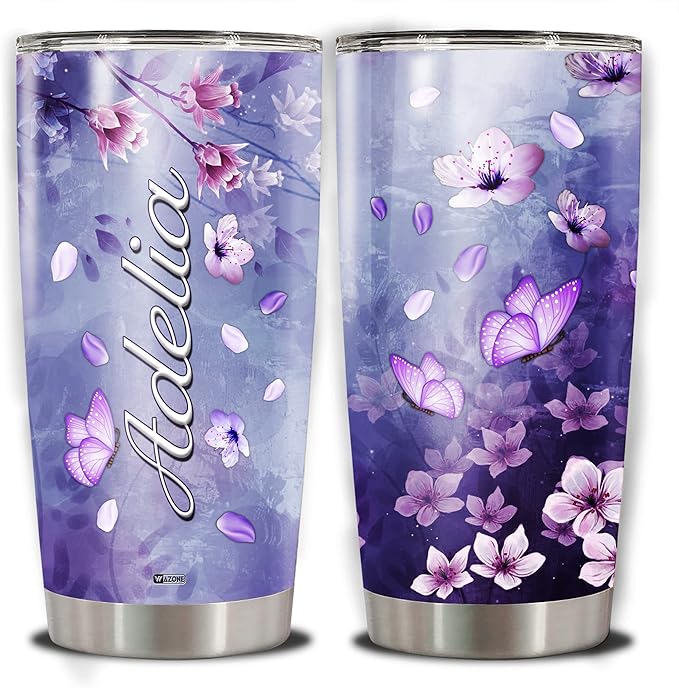 WAZONE Personalized Flower Tropical Insulated Tumbler Cup Custom Name Butterfly Purple Stainless Steel Travel Mug 20oz 30oz Mothers Day Birthday Christmas Gift For Women Girls Floral Lovers