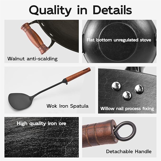 WANGYUANJI 14.2 Inch Cast Iron Wok with Wooden Lid and Iron Spatula, Flat Bottom Double-Handle Cast Iron Stir Fry Pan, Uncoated Chinese Wok for Induction, Gas and Electric Stoves