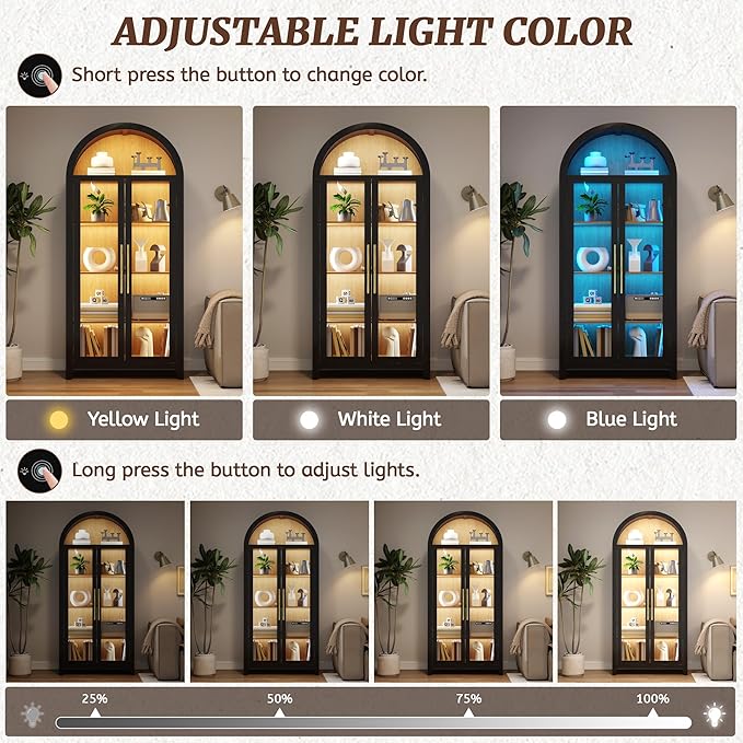 Arch Storage Cabinet with Tempered Glass Door, 71??Arched Display Floor Cabinet, 5 Tier Farmhouse Buffet with Storage for Dining Room, Living Room, Home Office or Kitchen(Black&Oak)