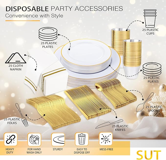 SUT 175 PCS Plastic Plates, 175 Pieces Disposable Heavy Duty for 25 Guests, White Gold Geometric Pattern Dinner Plates with Napkins and Cups, BPA Free