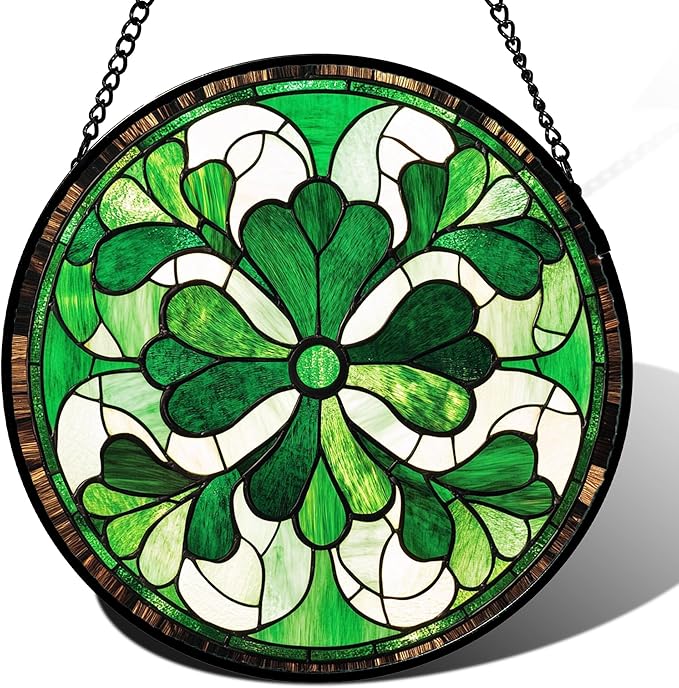 Stained Glass Window Hanging White Green Decoration 7.8" - Suncatcher Door Garden Sun Catcher Ireland Decor Birthday Mother's St. Ripack's Day Gift for Woman Mom Men Friend Nana Wife
