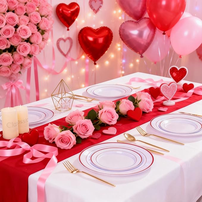 U-QE 100pcs Glitter Red Plastic Plates for Party - White and Red Plates Disposable - Nice Disposable Plates Include 50 10" Dinner and 50 7" Dessert Plate, Perfect for Party, Wedding & Special Moments