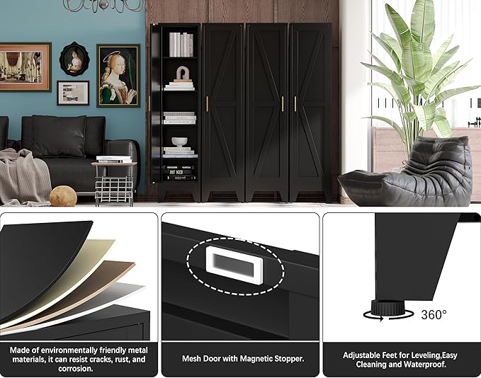 67?쏦 Metal Narrow Kitchen Pantry Cabinet,Black Skinny Pantry Cabinet,Tall Narrow Bathroom Storage Cabinet with Adjustable Shelves,Slim and Thin Pantry Cabinets for Living Room Dining Room