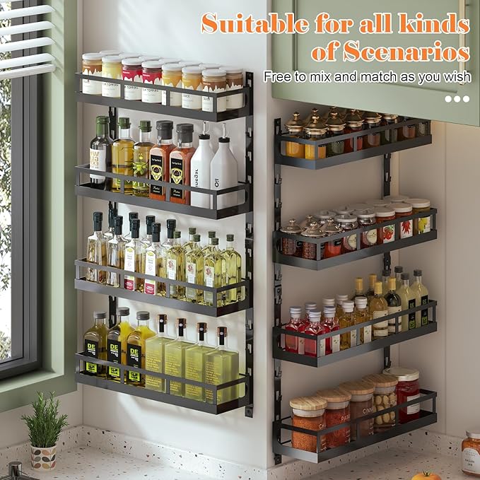 X-cosrack 8-Tier Adjustable Spice Rack ??Wall-Mounted Space-Saving Organizer with Mixed Baskets, Large-Capacity Seasoning Holder for Kitchen & Pantry (Black)