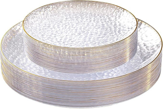 SUT 36Pcs Clear Plastic Plates, Hammered Plates Disposable Heavy Duty, Clear Disposable Plates With Gold Rim, Fancy Plastic plates Include 18 Dinner plate and 18 Dessert plate for Wedding