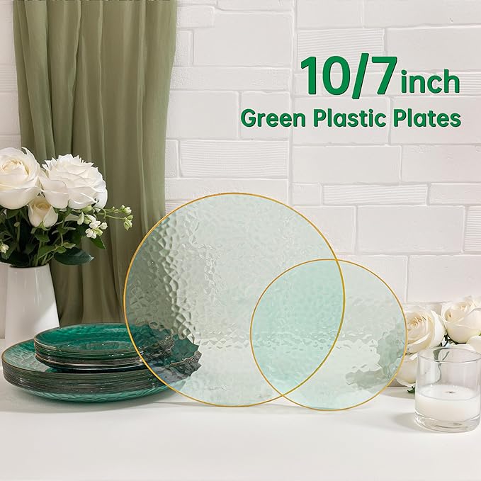 SUT 100Pcs Green Plastic Plates, Hammered Plates Disposable Heavy Duty, Green Disposable Plates With Gold Rim, Fancy Plastic plates Include 50 Dinner plate and 50 Dessert plate for Wedding