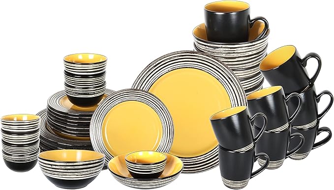 48 Piece Dinnerware Set, Ceramic Plates and Bowls Sets for 8, Microwave and Dishwasher Safe, Handcrafted Tree Bark Series Dish Set, Sunflower/Yellow