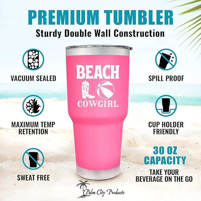 Palm City Products 30 oz Beach Cowgirl Tumbler - Pink Stainless Steel Country Girl Travel Mug - Southern Girl Drinkware for Rodeo, Beach, Festivals, and Gifts
