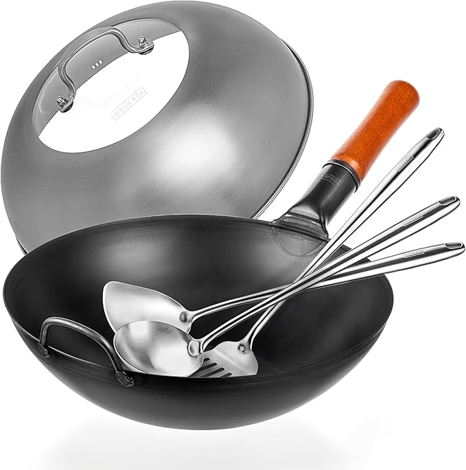 YOSUKATA Carbon Steel Wok Pan ??13,5 ??Stir Fry Pans with Flat Bottom + Stainless Steel Wok Lid 12.8 In + 17" Spatula and Ladle and Turner Spatula