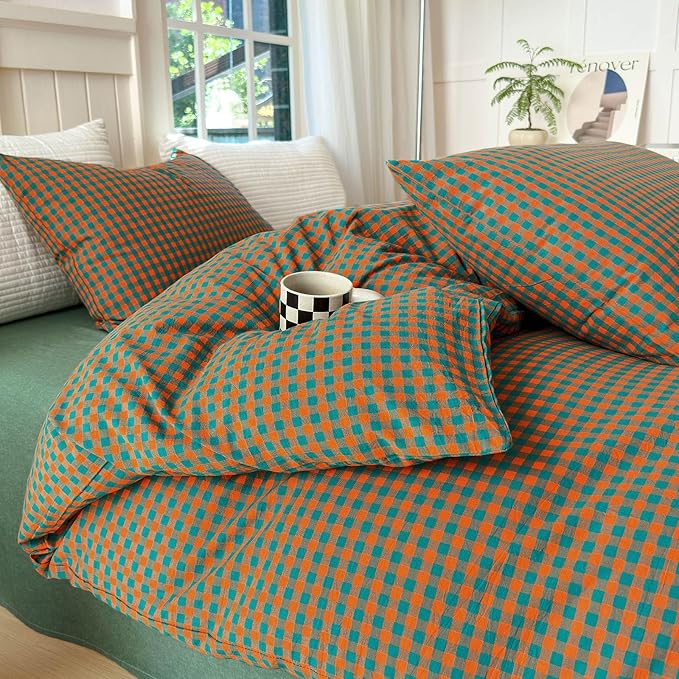 LifeTB Queen Comforter Set Modern Style Orange Green Gingham Comforter Lightweight Plaid Checkered Pattern Comforter Soft Fluffy Gingham Bedding Set Farmhouse Grid Plaid Comforter Set Queen