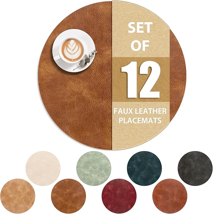 ADRIMER Placemats, Heat Resistant Round Placemats Set of 12 Washable, Waterproof Table Mats, Wipeable Faux Leather Place Mats for Kitchen, Dining Room, Turmeric Brown