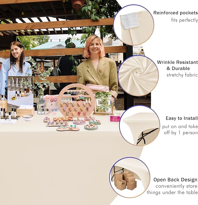 Nasitos 2 Pack 8 ft Ivory Table Cover Rectangle Table-Open Back Spandex Stretch Tablecloths Fitted Washable Fabric Wrinkle-Free, Trade Show Tablecloth for Parties, Birthday, Craft Show, Banquet