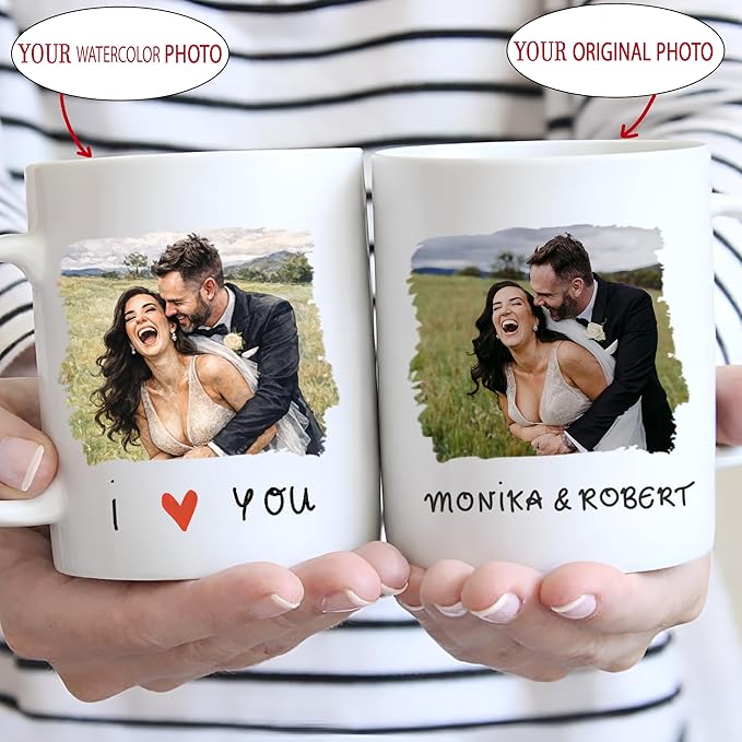 Custom Photo Coffee Mugs, Personalized Watercolor Portrait Mug From Photo, Personalized Mugs Couple With Multiple Styles Colors, Gifts Valentines Wedding Birthday Husband, Her, Him, Women