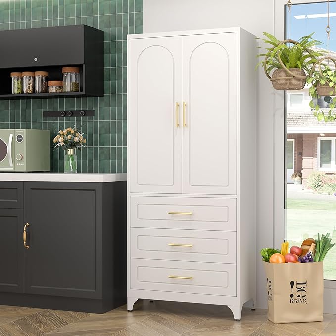 Metal Kitchen Pantry Cabinet with 3 Drawers竊?5 Inch White Food Pantry Cabinets for Kitchen Storage with 2 Adjustable Shelves,Tall Storage Cupboard for Living Room,Dining Room Office