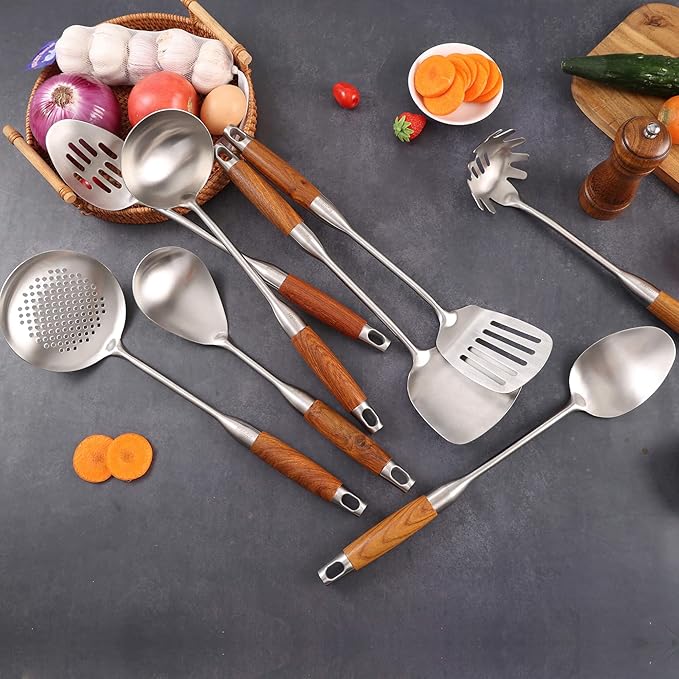 18/10 Stainless Steel Kitchen Utensils Set with Wood Handle - 15?쒶etal Cooking Tools & Serving Utensil, 8-Pieces Cooking Spoons Set - Spatula, Ladle, Skimmer, Turner, Pasta, Solid Spoon, Slotted Spoon