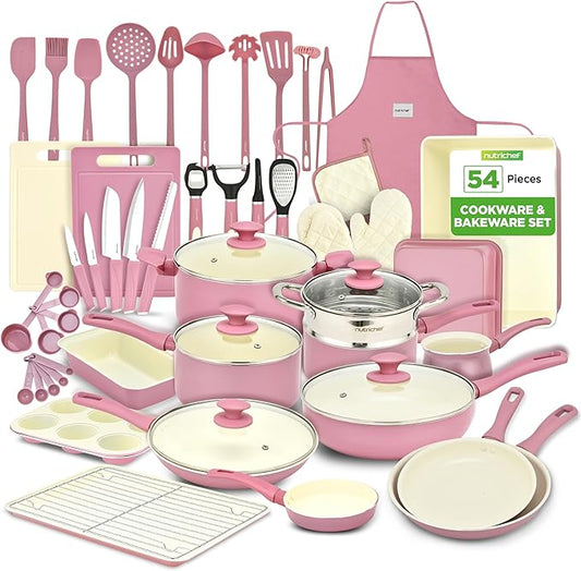 NutriChef 54-Piece Kitchen Cookware Set ??Complete Non-Stick Ceramic Pots and Pans Set with Utensils, Bakeware, and Knife Set, Gas, Electric & Induction Compatible, Blush Pink Kitchen Essentials