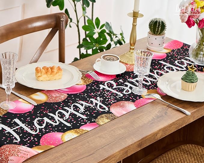 Letjolt Golden Rose Pink Balloon Happy Birthday Table Runner 72 Inches Celebrate Birthday Party Table Decor